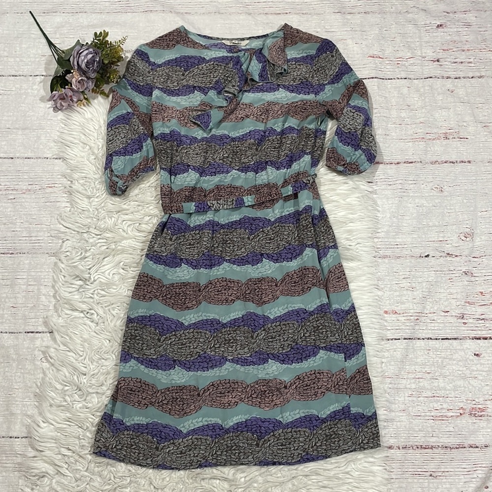 Tucker Silk Feather Patterned Ruffle Detail 3/4 Sleeve Dress